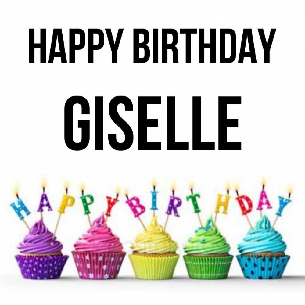 Greetings card с именем, Giselle Happy Birthday открытка ко дню рождения с разноцветными вкусняшками Greetings with text for free download 