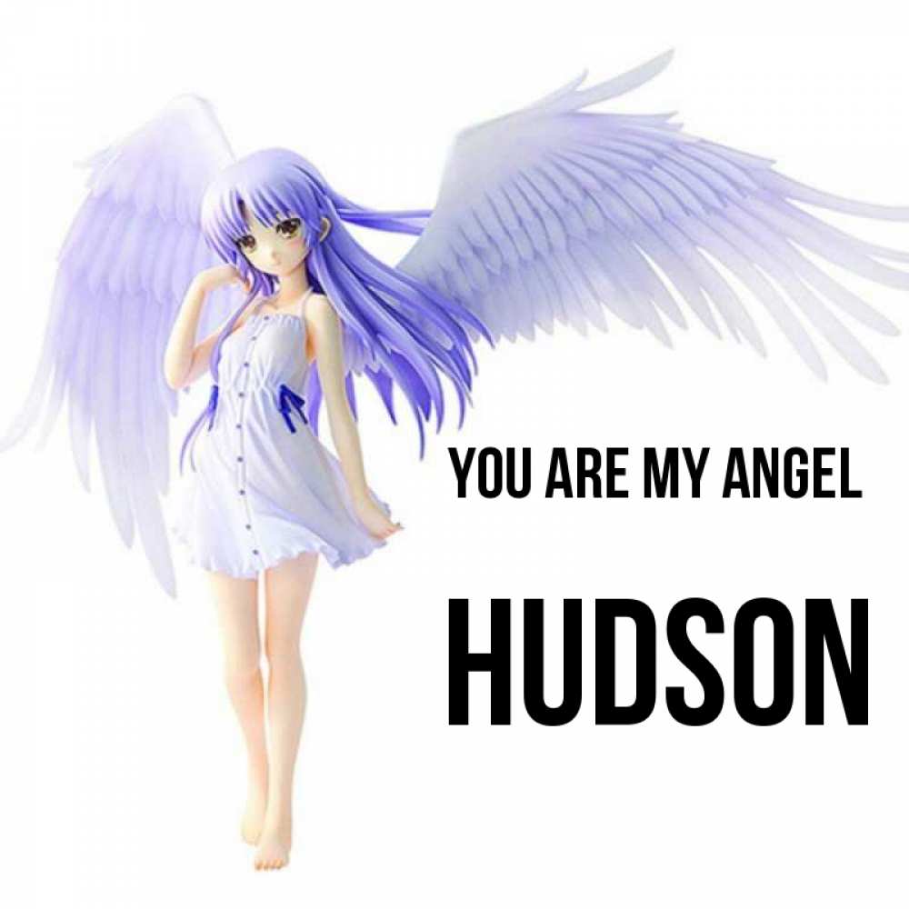 Greetings card с именем, Hudson You are my angel девушка ангел с фиолетовыми крыльями Greetings with text for free download 