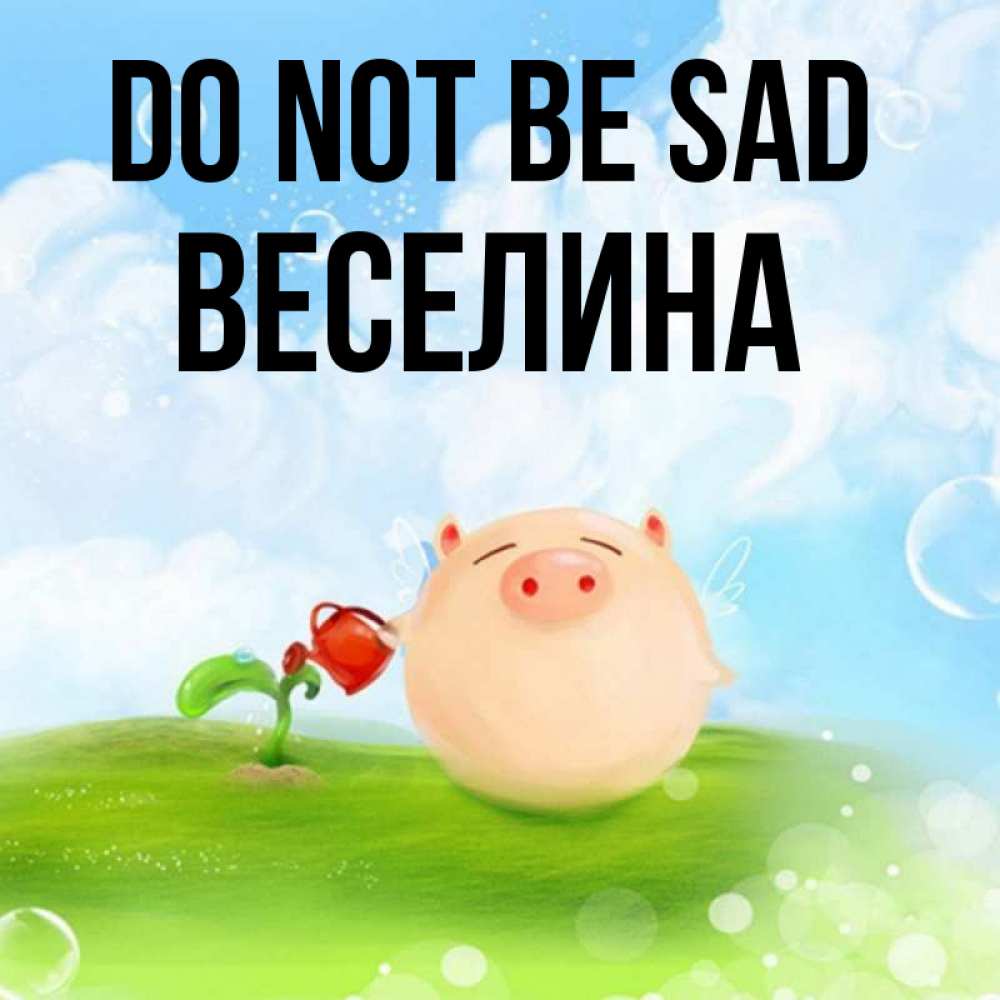 Greetings card с именем, Веселина Do not be sad поливает цветок порося Greetings with text for free download 