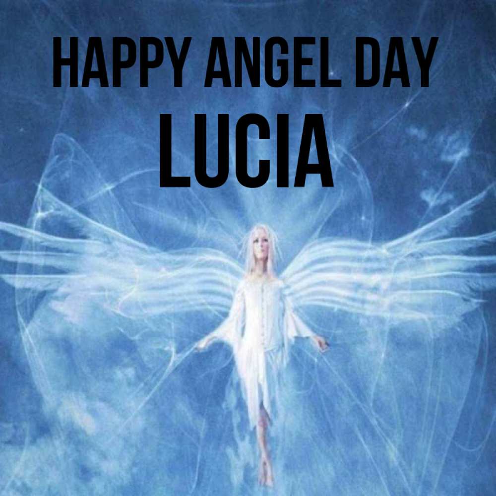 Greetings card с именем, Lucia happy angel day голубой фон и крылья как у стрекозы Greetings with text for free download 