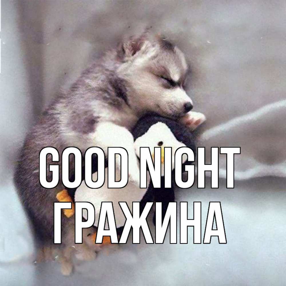 Greetings card с именем, Гражина Good night обнимашки щенка и пингвина Greetings with text for free download 