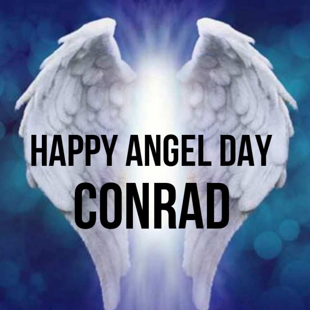 Greetings card с именем, Conrad happy angel day синий фон и крылышки Greetings with text for free download 