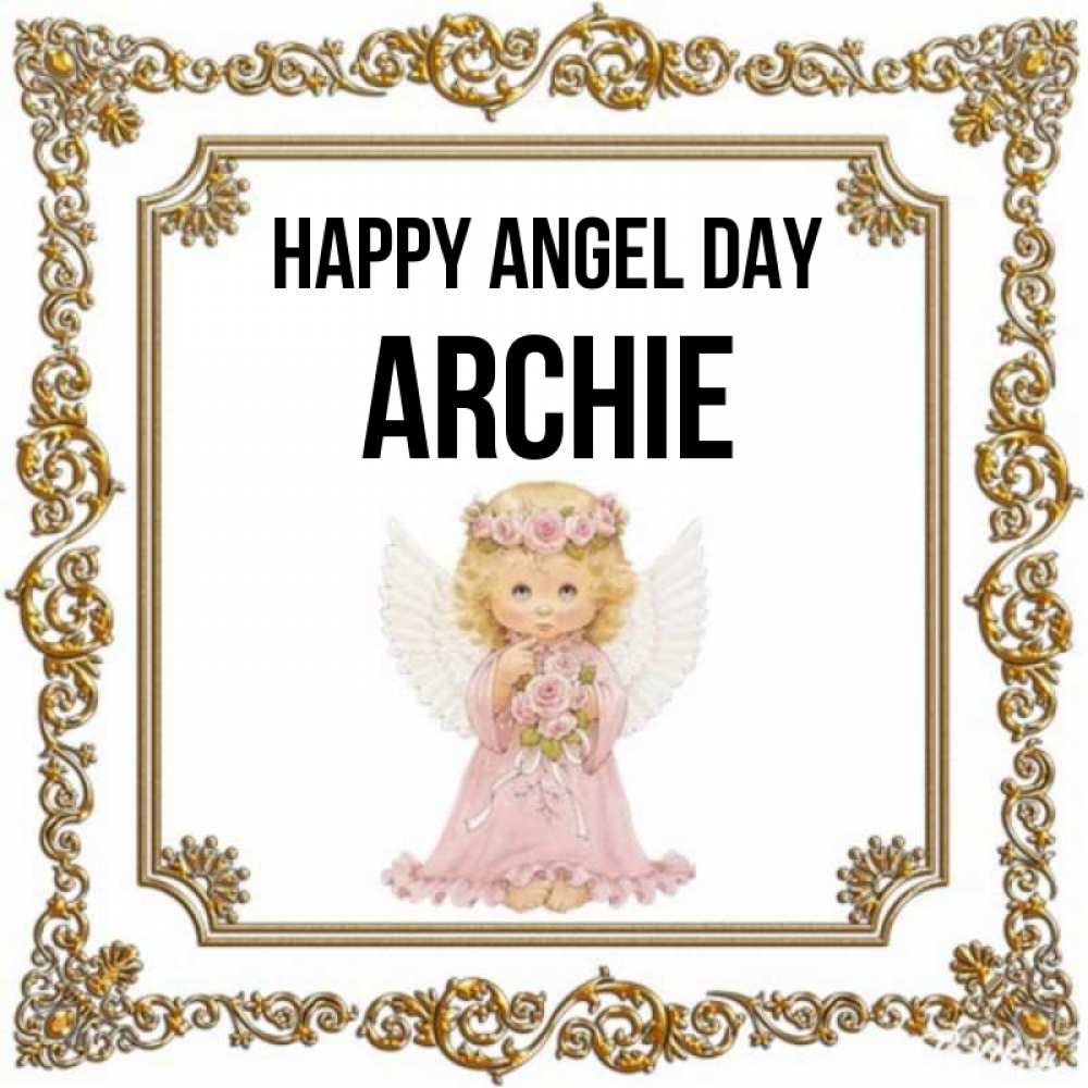 Greetings card с именем, Archie happy angel day девочка ангел с крыльями и цветами в розовом платье Greetings with text for free download 