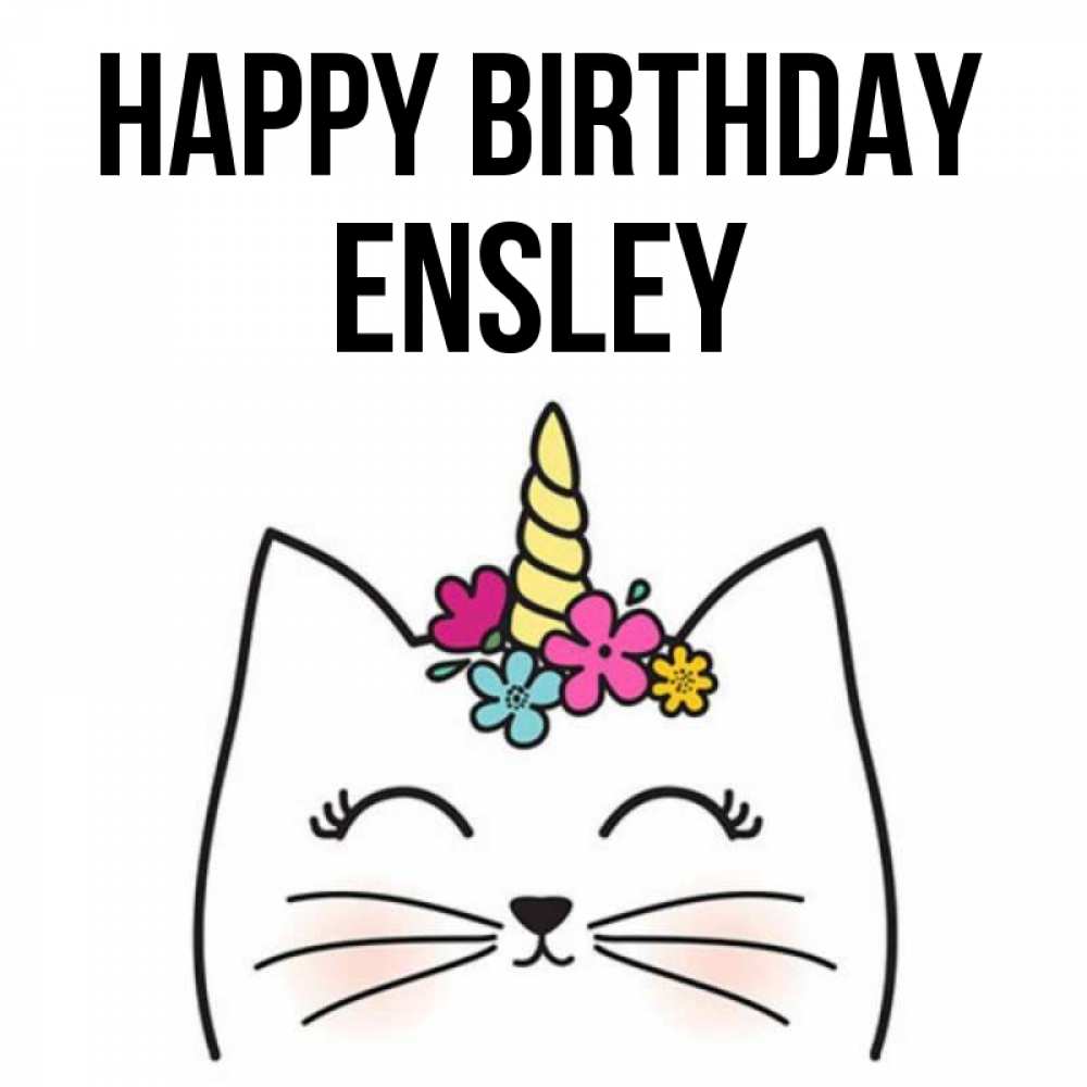 Greetings card с именем, Ensley Happy Birthday милый кот с одним рожком Greetings with text for free download 