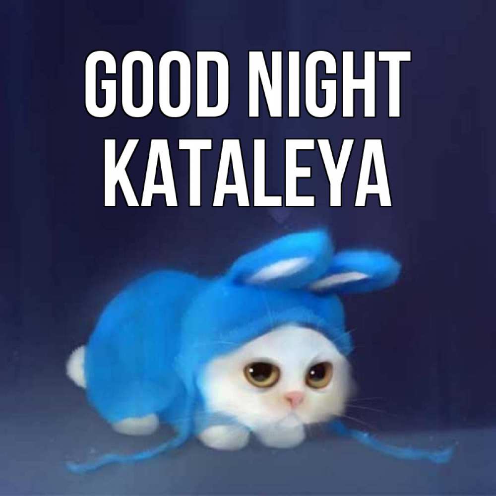 Greetings card с именем, Kataleya Good night кот в голубом костюме кролика с ушками Greetings with text for free download 