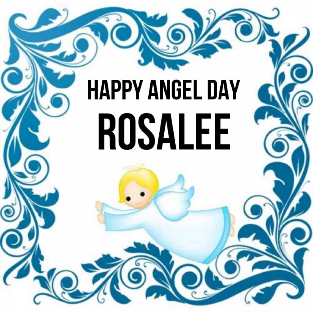 Greetings card с именем, Rosalee happy angel day девочка ангел и синяя рамка Greetings with text for free download 