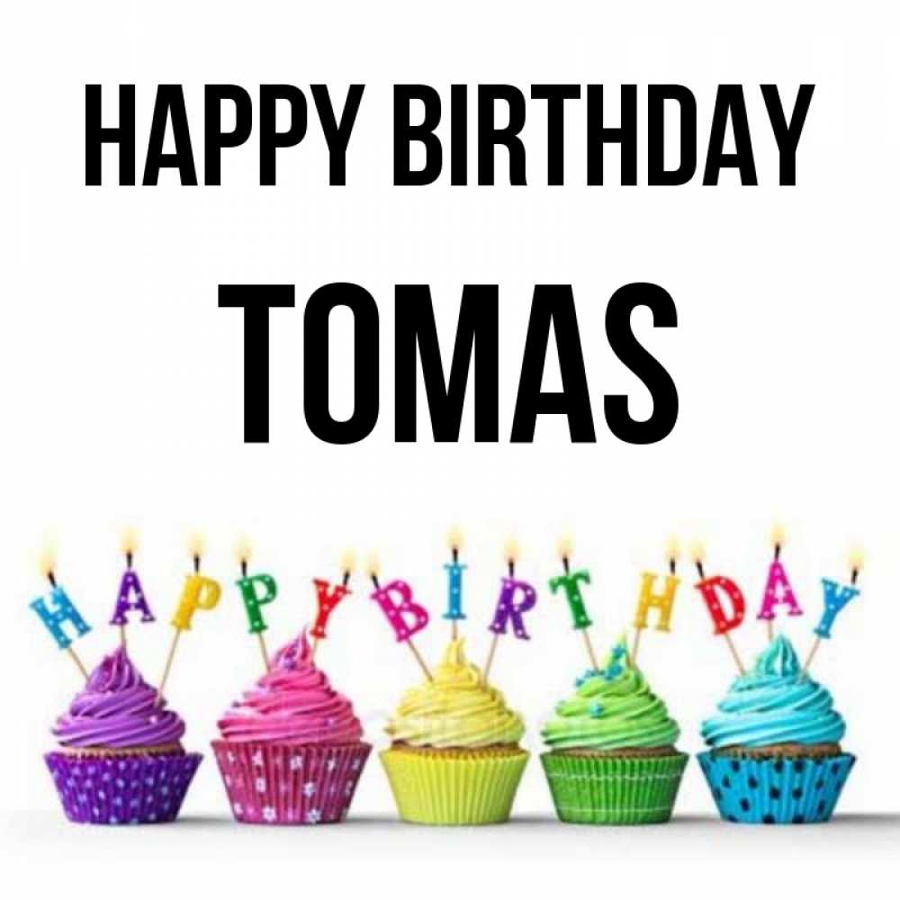 Greetings card с именем, Tomas Happy Birthday открытка ко дню рождения с разноцветными вкусняшками Greetings with text for free download 