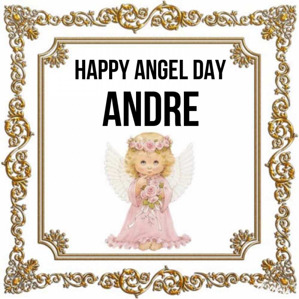 Greetings card с именем, Andre happy angel day девочка ангел с крыльями и цветами в розовом платье Greetings with text for free download 