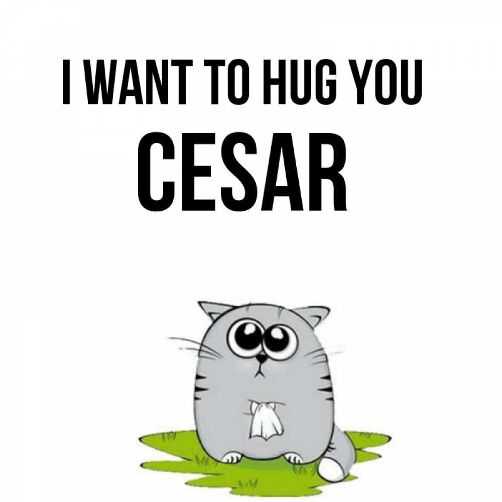 Greetings card с именем, Cesar I want to hug you котик теребит платочек сидя на травке Greetings with text for free download 
