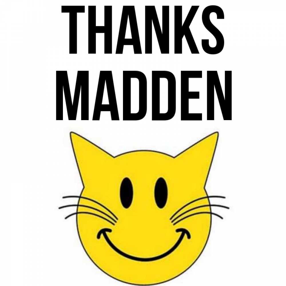 Greetings card с именем, Madden Thanks улыбающийся смайл кот Greetings with text for free download 