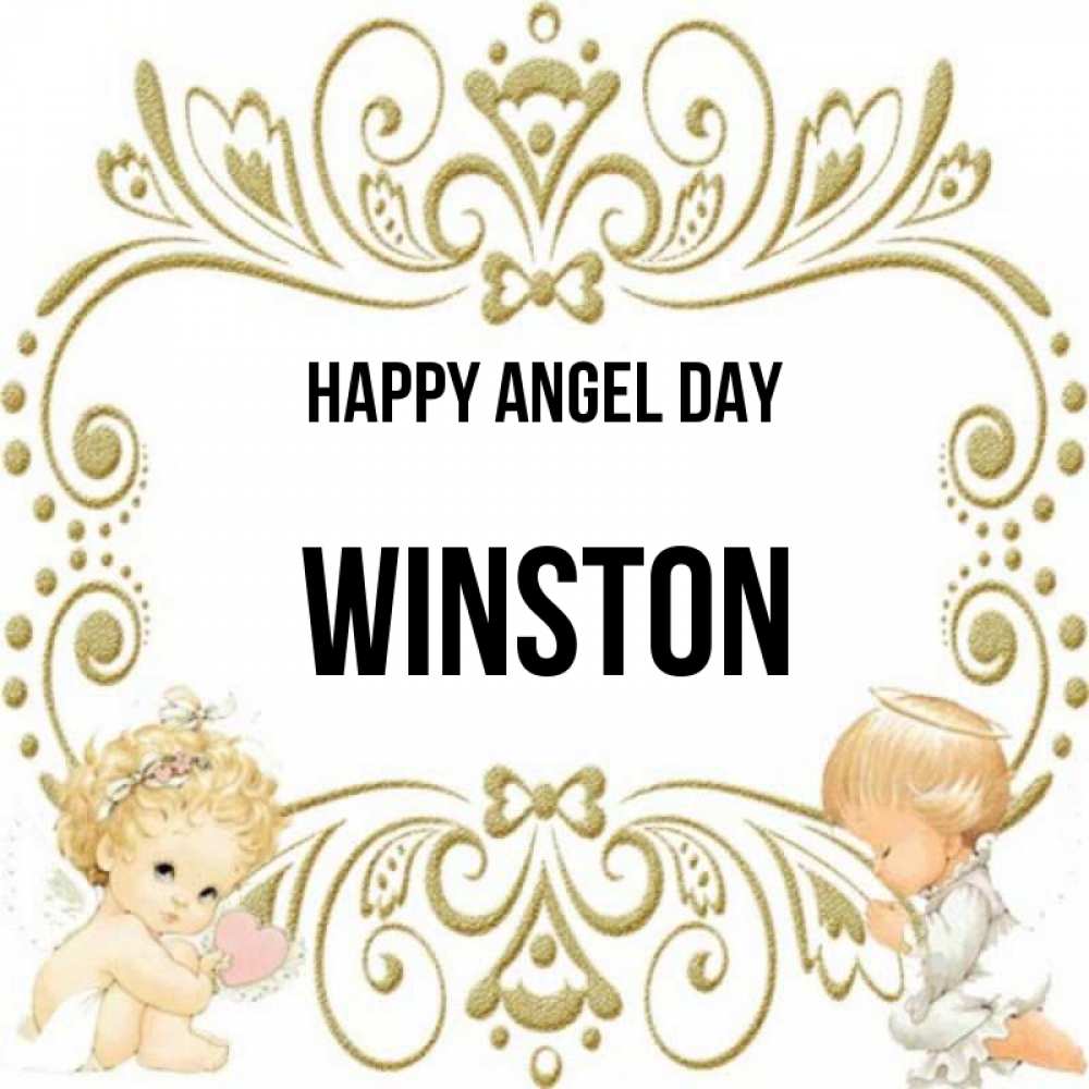 Greetings card с именем, Winston happy angel day с именинами поздравляют два красивых ангела. Один с сердечком другой молится Greetings with text for free download 