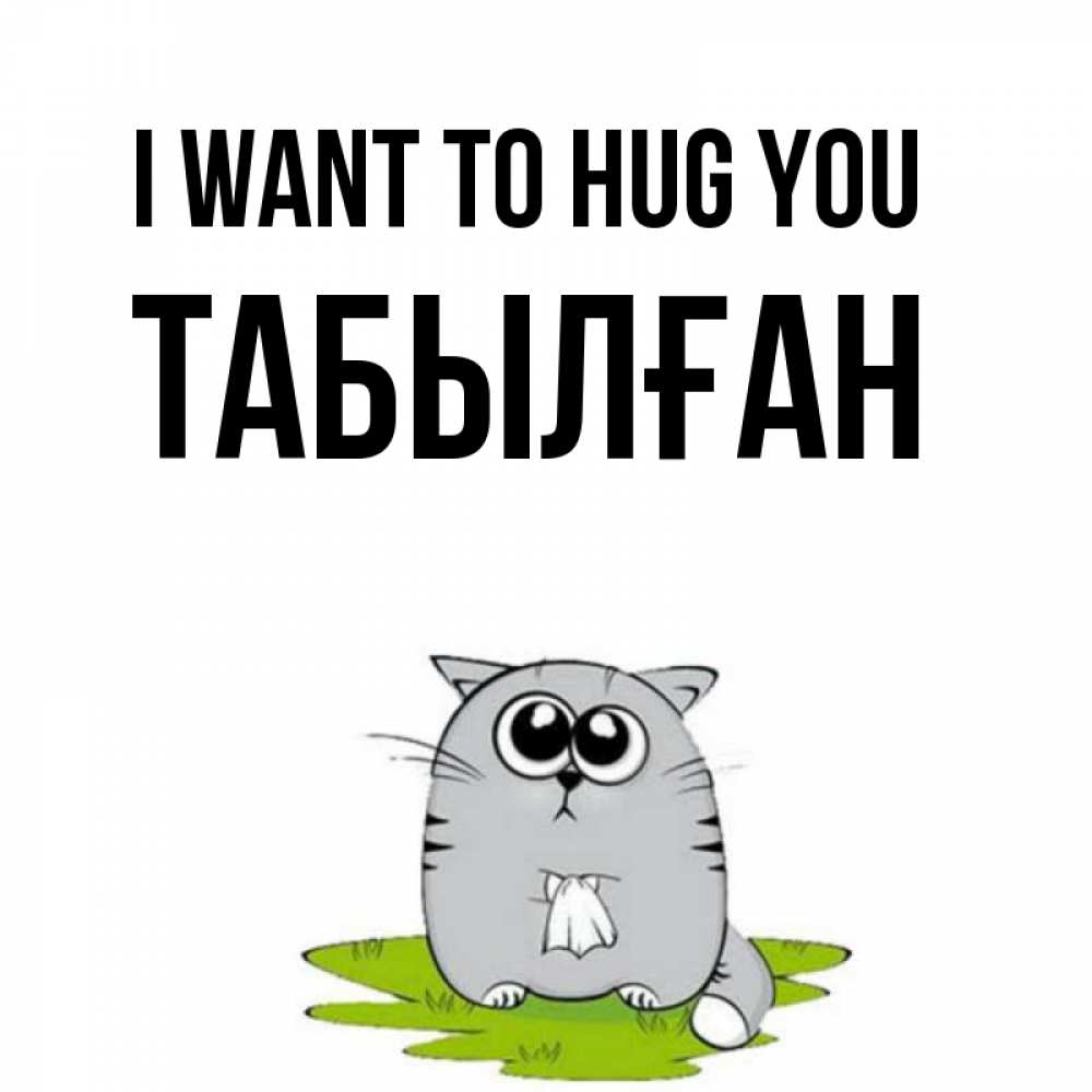 Greetings card с именем, ТАБЫЛҒАН I want to hug you котик теребит платочек сидя на травке Greetings with text for free download 