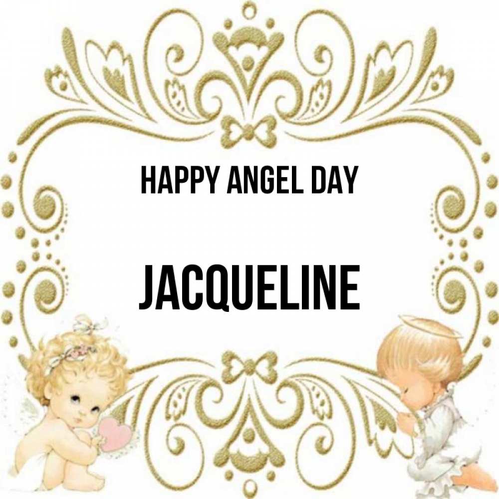 Greetings card с именем, Jacqueline happy angel day с именинами поздравляют два красивых ангела. Один с сердечком другой молится Greetings with text for free download 
