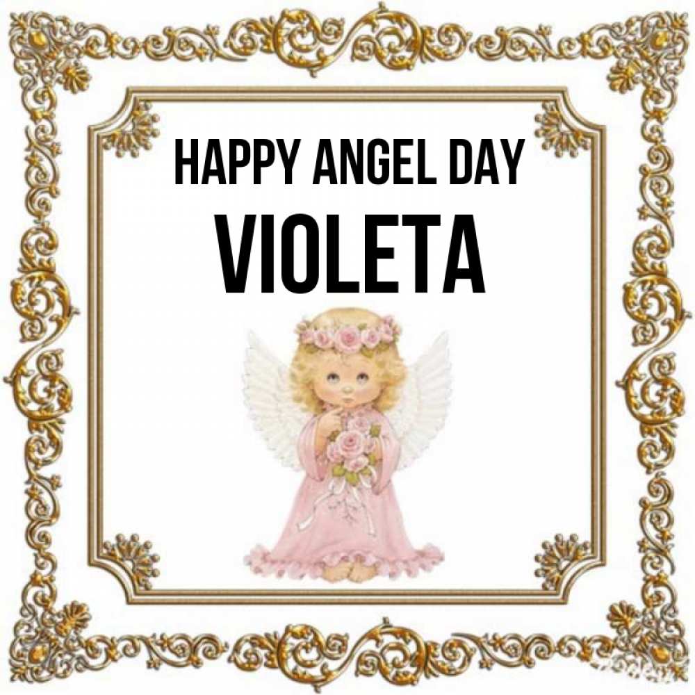 Greetings card с именем, Violeta happy angel day девочка ангел с крыльями и цветами в розовом платье Greetings with text for free download 