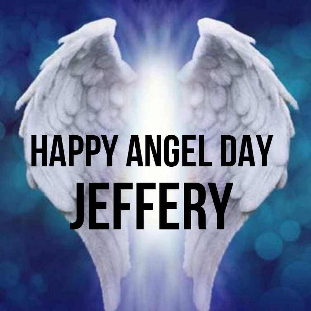 Greetings card с именем, Jeffery happy angel day синий фон и крылышки Greetings with text for free download 