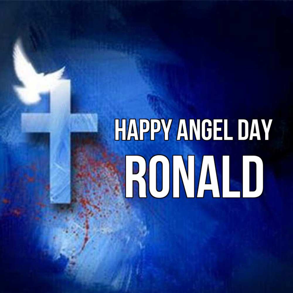 Greetings card с именем, Ronald happy angel day Синий фон и птица Greetings with text for free download 