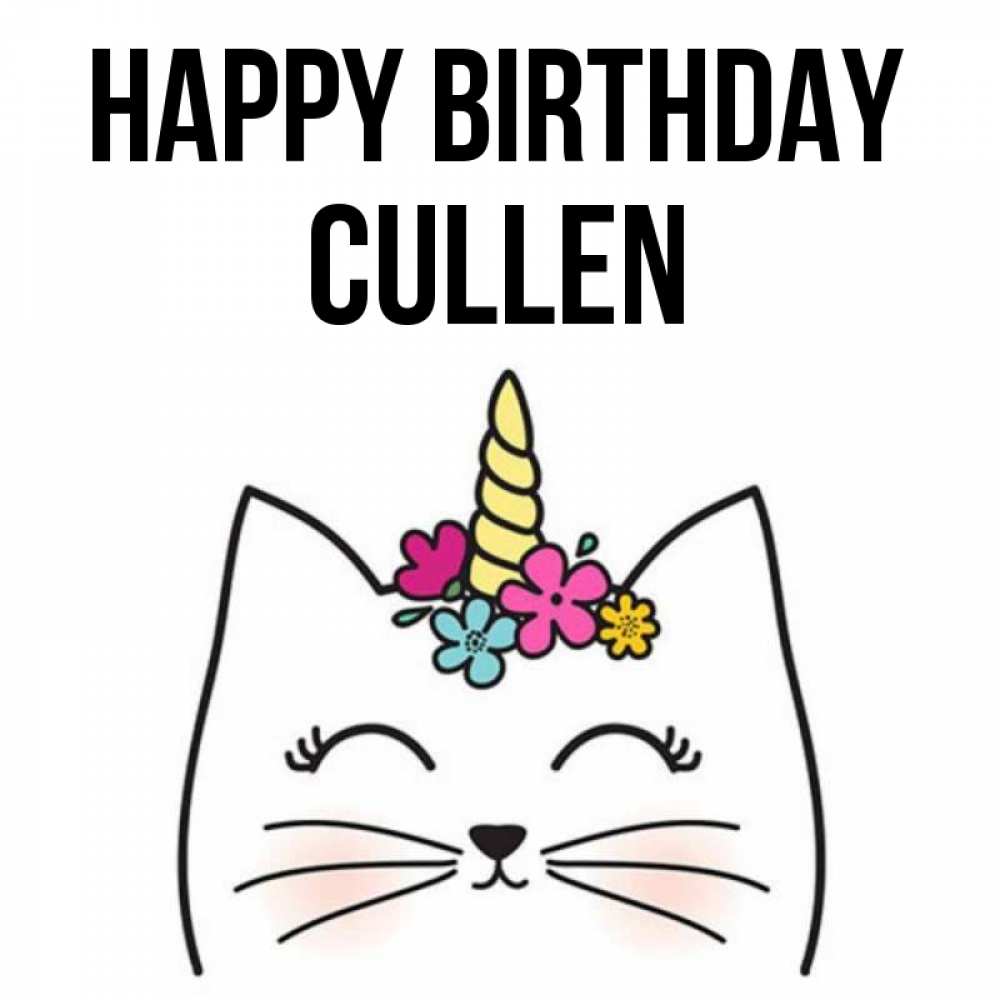 Greetings card с именем, Cullen Happy Birthday милый кот с одним рожком Greetings with text for free download 
