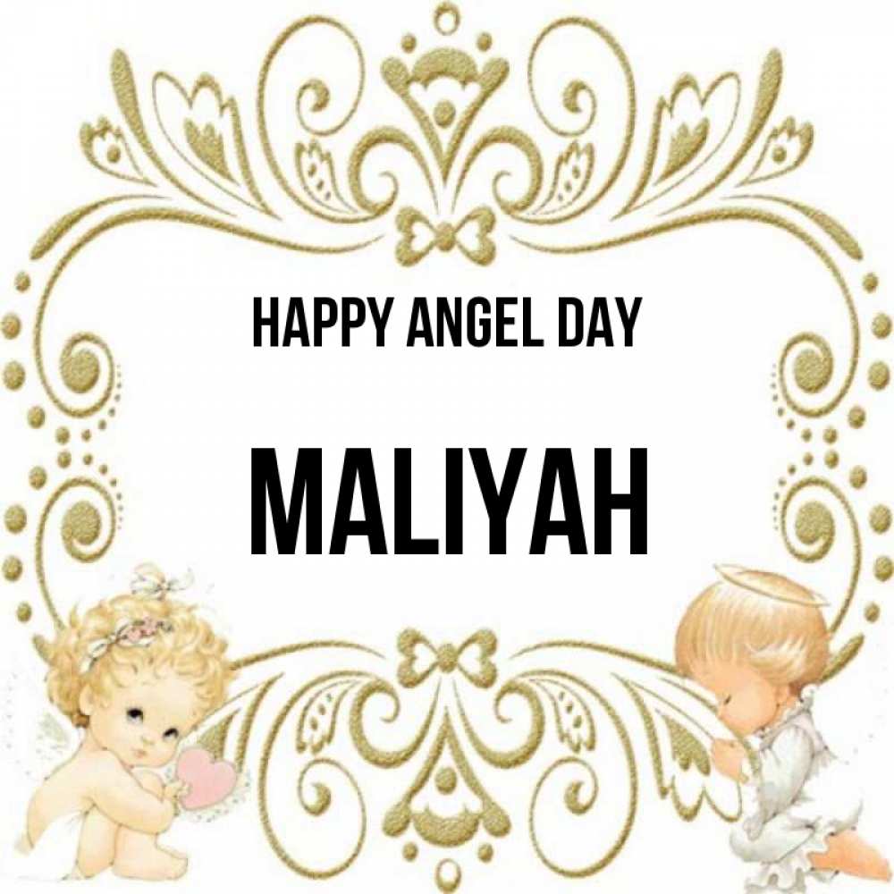 Greetings card с именем, Maliyah happy angel day с именинами поздравляют два красивых ангела. Один с сердечком другой молится Greetings with text for free download 