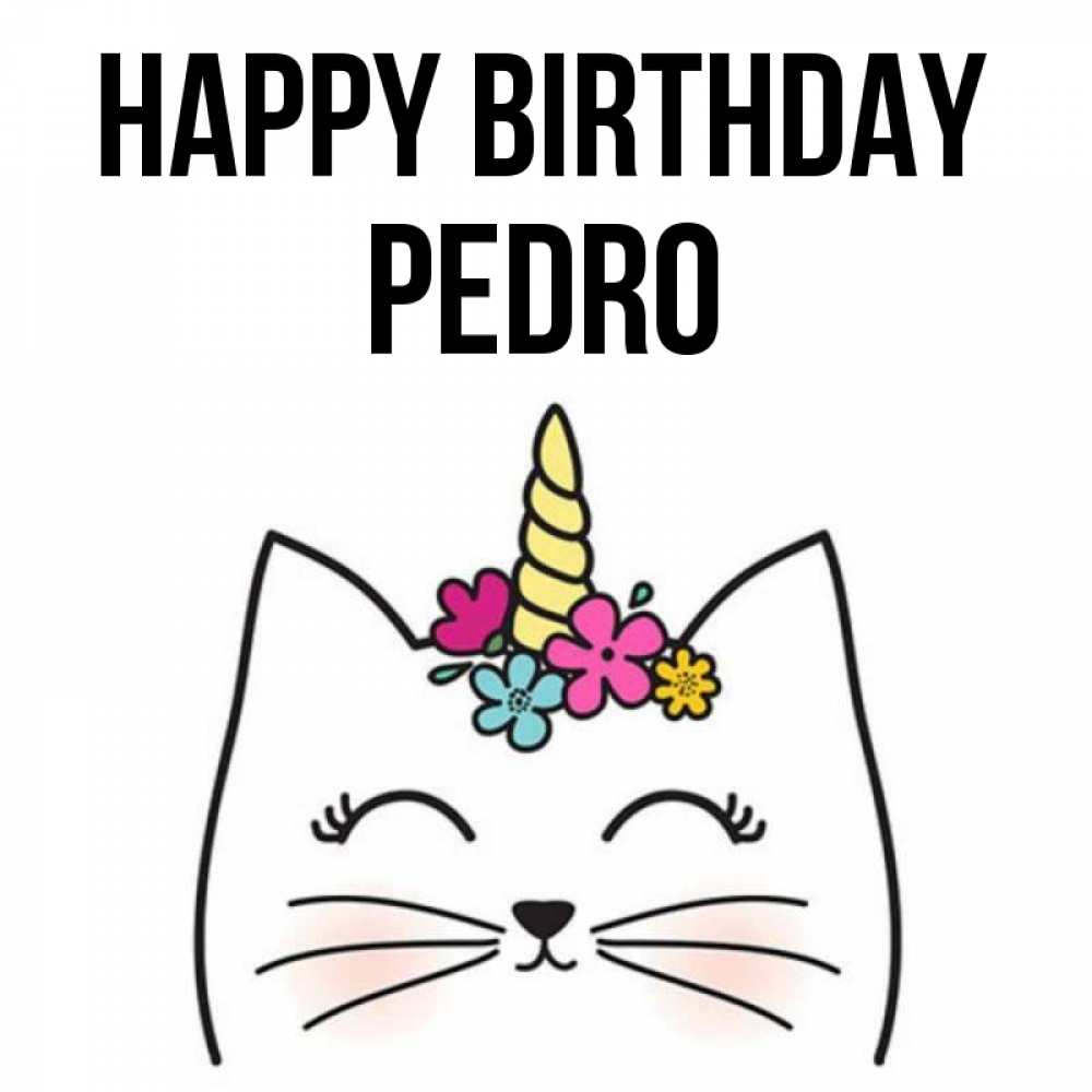 Greetings card с именем, Pedro Happy Birthday милый кот с одним рожком Greetings with text for free download 