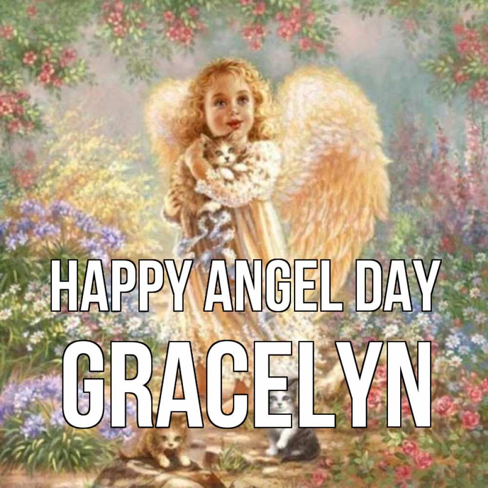 Greetings card с именем, Gracelyn happy angel day держит котенка Greetings with text for free download 
