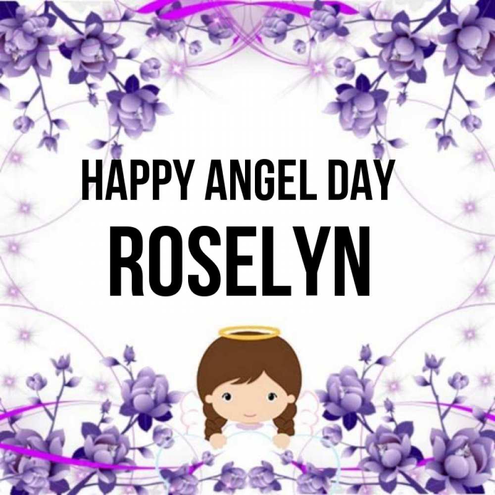 Greetings card с именем, Roselyn happy angel day с именинами в рамочке Greetings with text for free download 