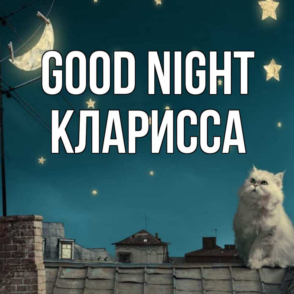 Greetings card с именем, Кларисса Good night белый кот сидит на крыше Greetings with text for free download 