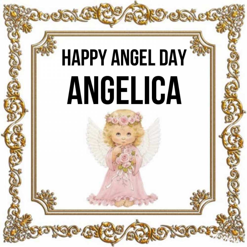 Greetings card с именем, Angelica happy angel day девочка ангел с крыльями и цветами в розовом платье Greetings with text for free download 