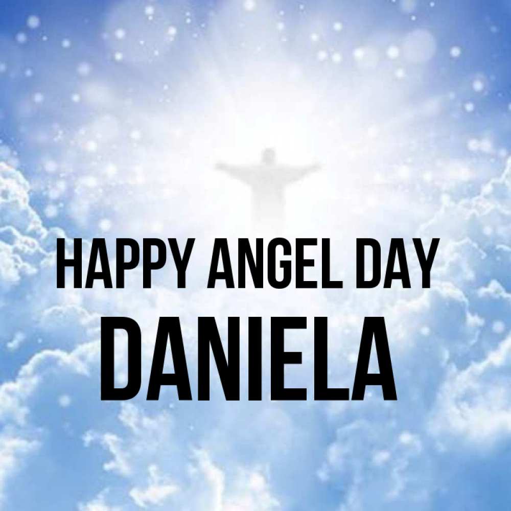 Greetings card с именем, Daniela happy angel day ангел на облаках в свете солнца Greetings with text for free download 