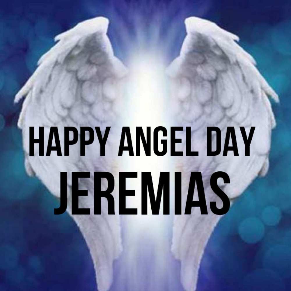 Greetings card с именем, Jeremias happy angel day синий фон и крылышки Greetings with text for free download 