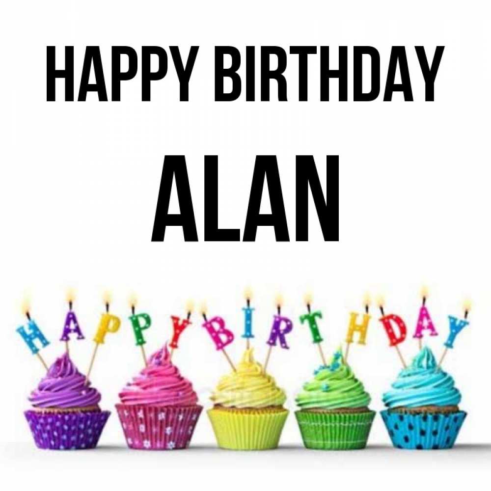 Greetings card с именем, Alan Happy Birthday открытка ко дню рождения с разноцветными вкусняшками Greetings with text for free download 