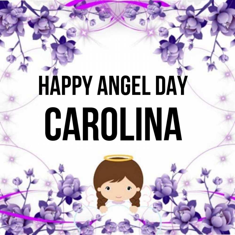 Greetings card с именем, Carolina happy angel day с именинами в рамочке Greetings with text for free download 