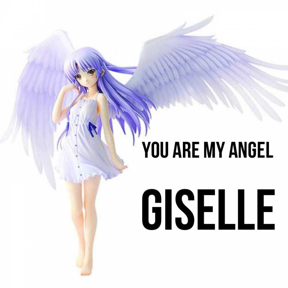 Greetings card с именем, Giselle You are my angel девушка ангел с фиолетовыми крыльями Greetings with text for free download 