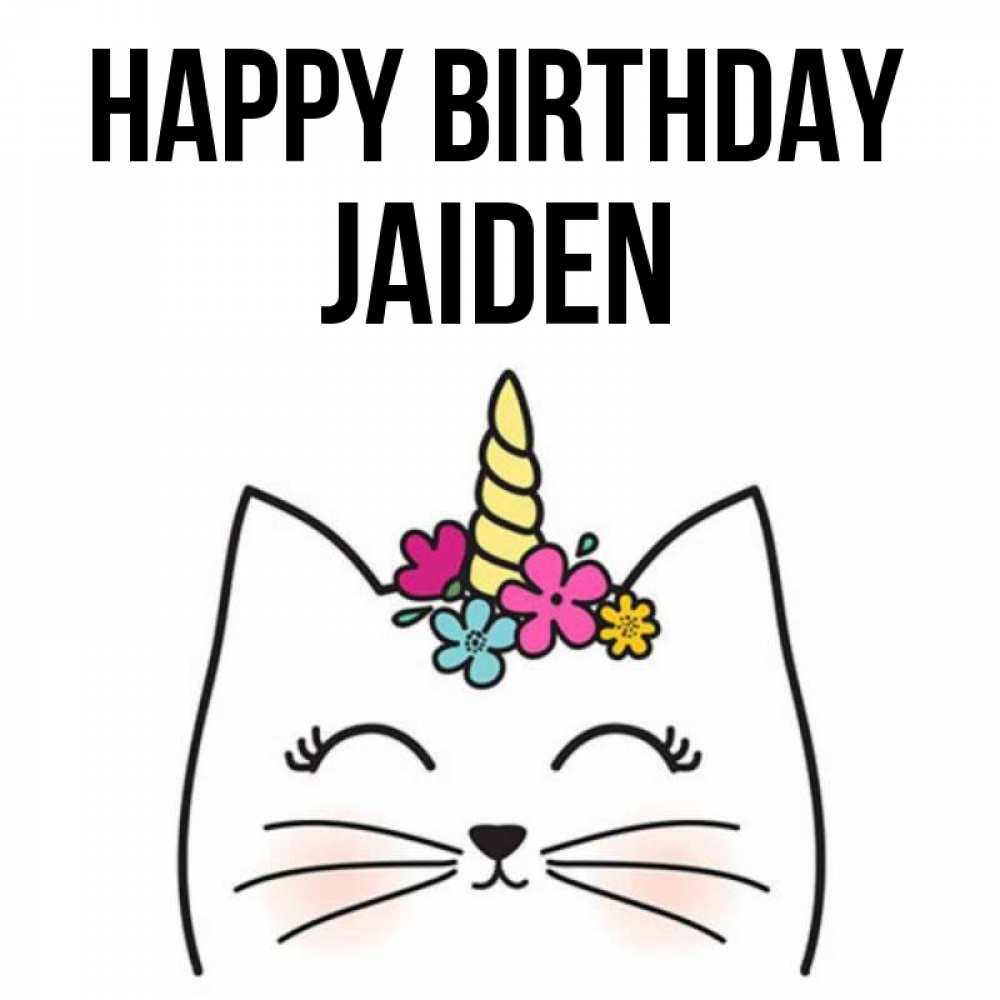 Greetings card с именем, Jaiden Happy Birthday милый кот с одним рожком Greetings with text for free download 
