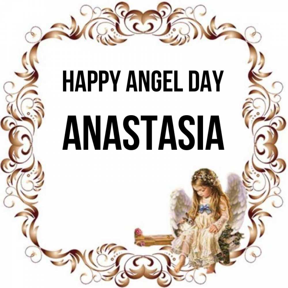 Greetings card с именем, Anastasia happy angel day рамочка из перьев и ангелочек Greetings with text for free download 