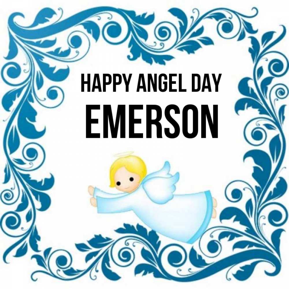 Greetings card с именем, Emerson happy angel day девочка ангел и синяя рамка Greetings with text for free download 