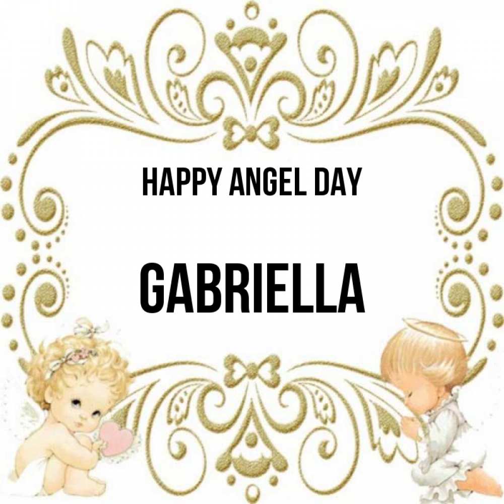 Greetings card с именем, Gabriella happy angel day с именинами поздравляют два красивых ангела. Один с сердечком другой молится Greetings with text for free download 