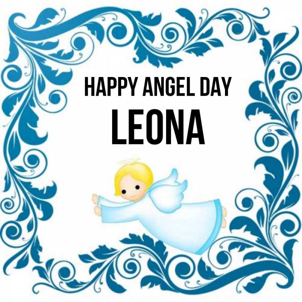 Greetings card с именем, Leona happy angel day девочка ангел и синяя рамка Greetings with text for free download 