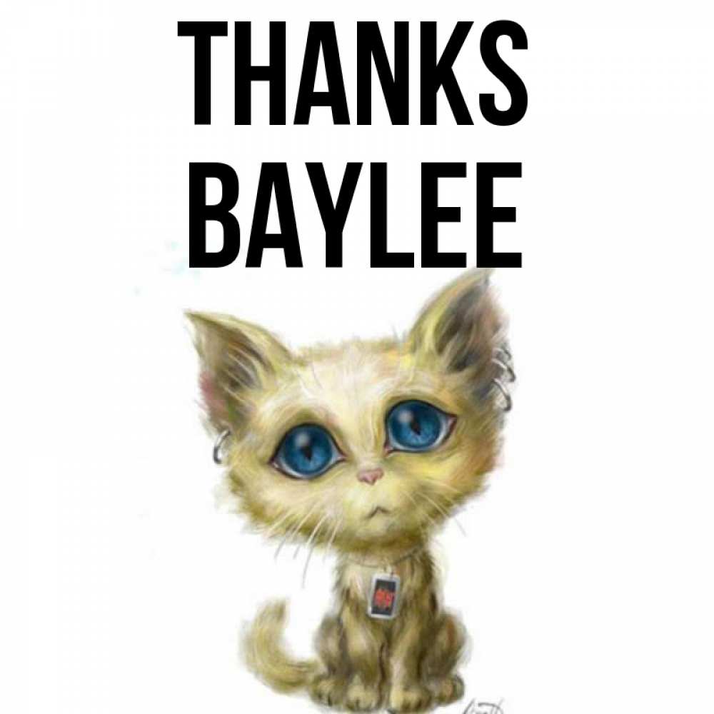 Greetings card с именем, Baylee Thanks рисованный кот благодарит вас Greetings with text for free download 