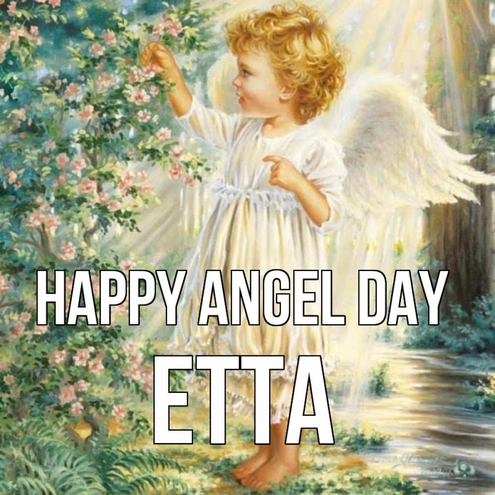 Greetings card с именем, Etta happy angel day собирает цветы Greetings with text for free download 
