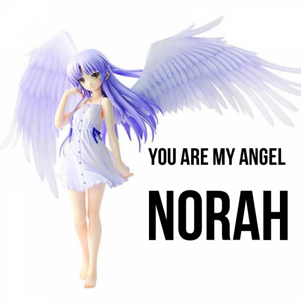 Greetings card с именем, Norah You are my angel девушка ангел с фиолетовыми крыльями Greetings with text for free download 