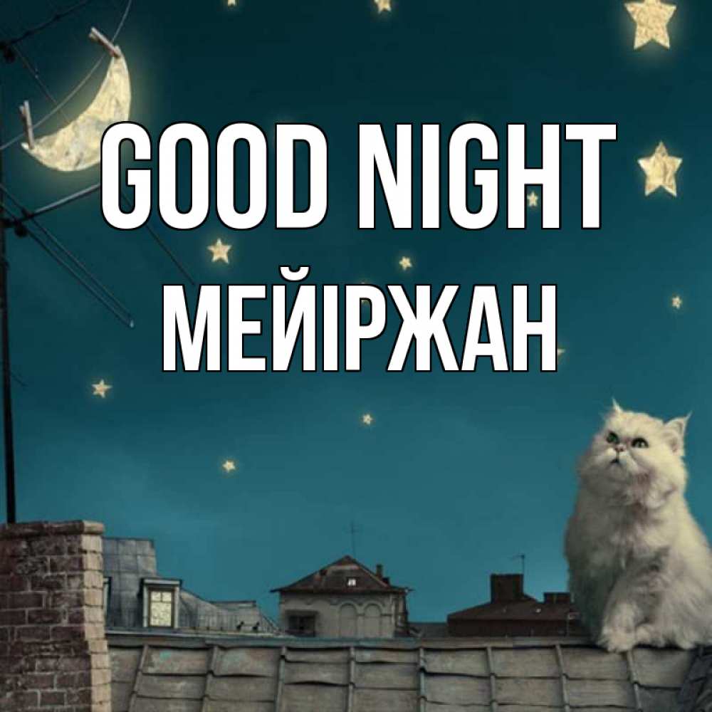 Greetings card с именем, МЕЙІРЖАН Good night белый кот сидит на крыше Greetings with text for free download 