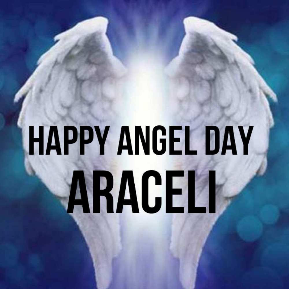 Greetings card с именем, Araceli happy angel day синий фон и крылышки Greetings with text for free download 