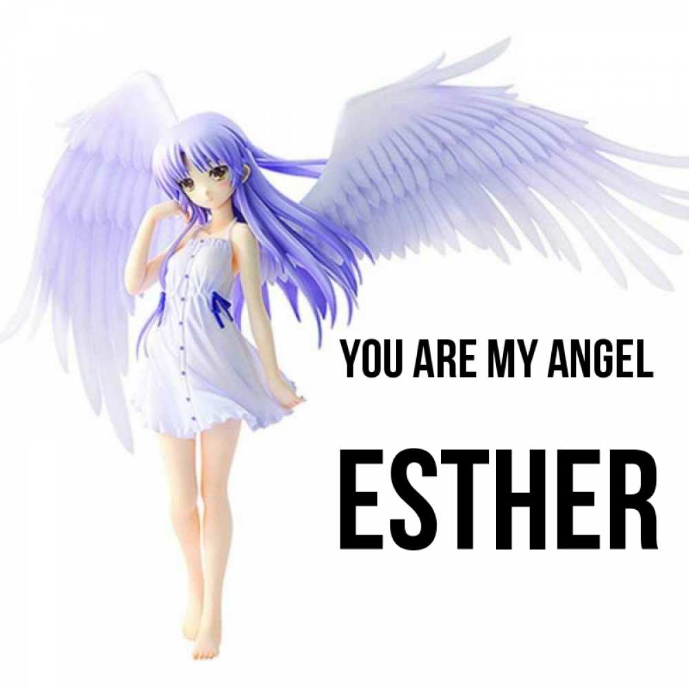 Greetings card с именем, Esther You are my angel девушка ангел с фиолетовыми крыльями Greetings with text for free download 