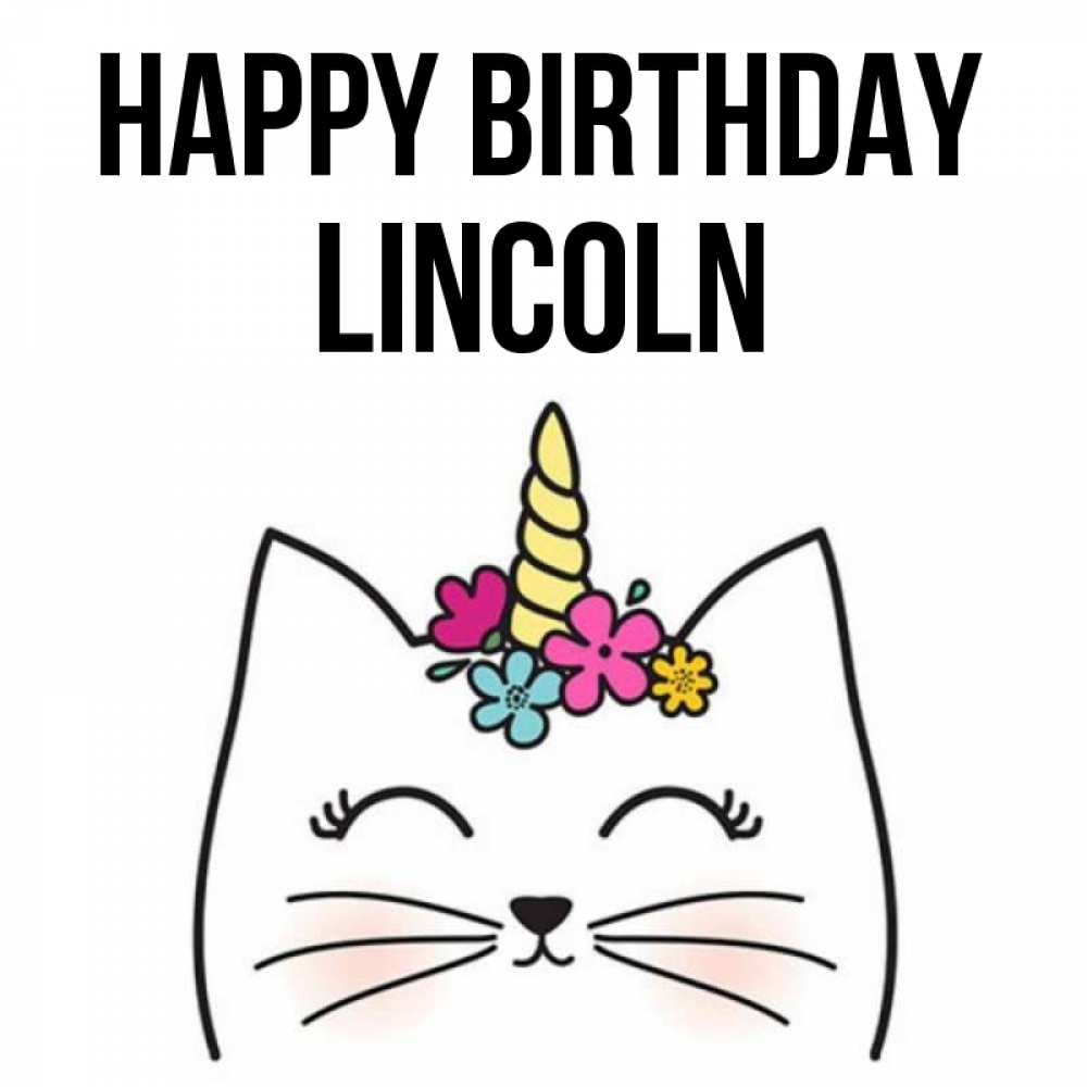 Greetings card с именем, Lincoln Happy Birthday милый кот с одним рожком Greetings with text for free download 