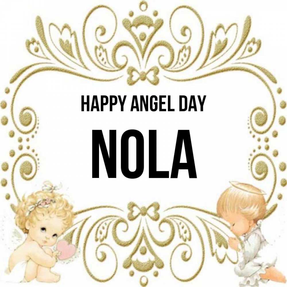 Greetings card с именем, Nola happy angel day с именинами поздравляют два красивых ангела. Один с сердечком другой молится Greetings with text for free download 