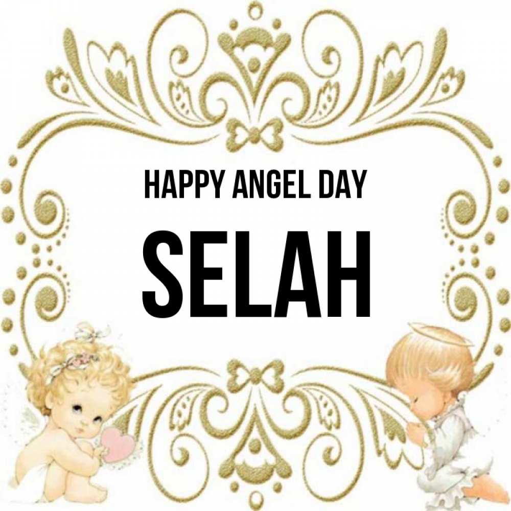 Greetings card с именем, Selah happy angel day с именинами поздравляют два красивых ангела. Один с сердечком другой молится Greetings with text for free download 