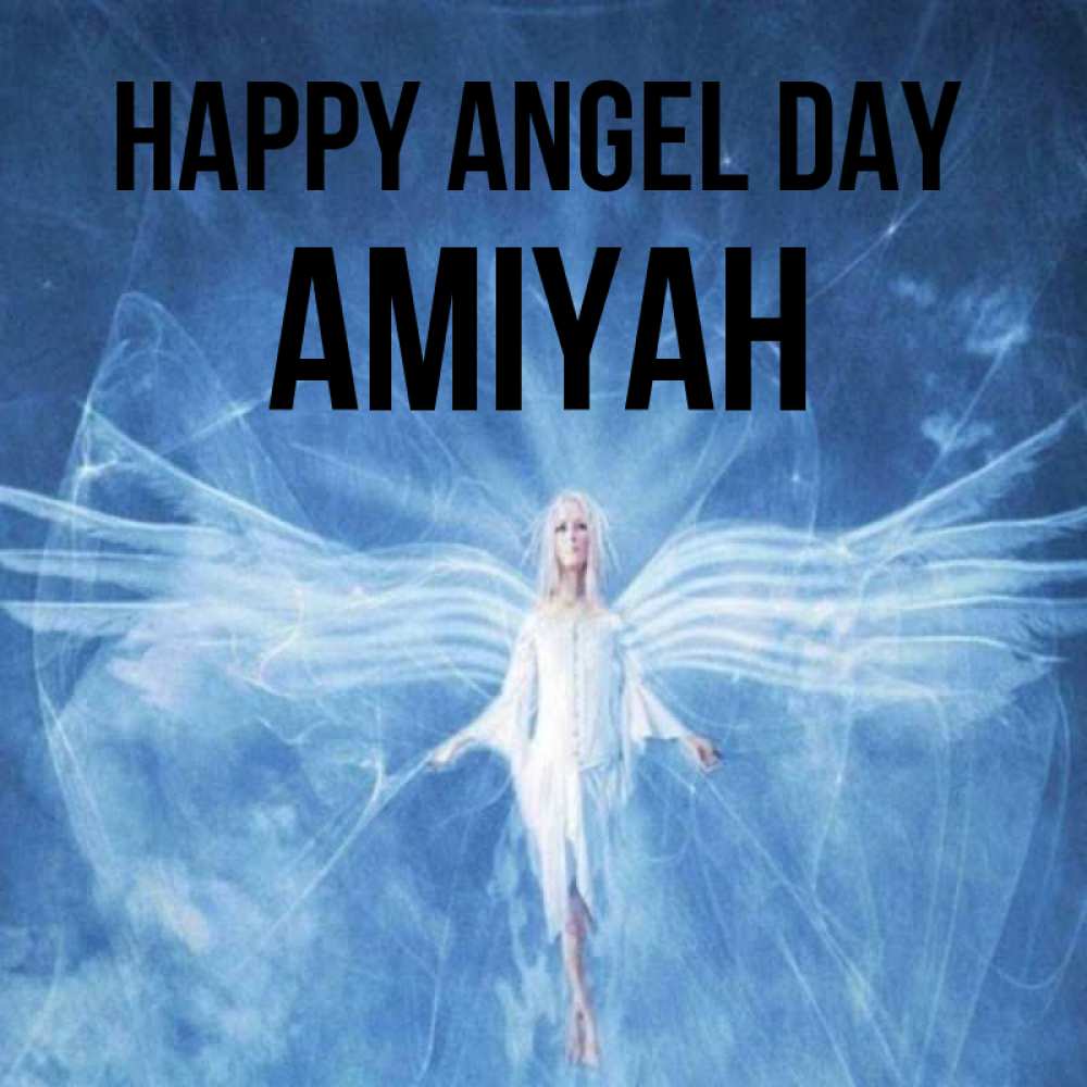 Greetings card с именем, Amiyah happy angel day голубой фон и крылья как у стрекозы Greetings with text for free download 