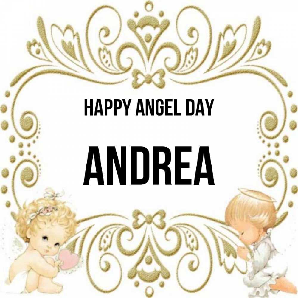 Greetings card с именем, Andrea happy angel day с именинами поздравляют два красивых ангела. Один с сердечком другой молится Greetings with text for free download 