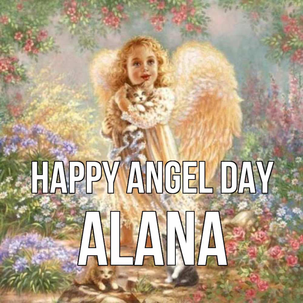 Greetings card с именем, Alana happy angel day держит котенка Greetings with text for free download 