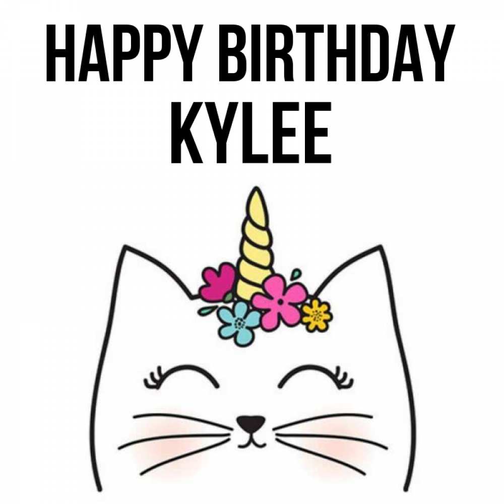 Greetings card с именем, Kylee Happy Birthday милый кот с одним рожком Greetings with text for free download 